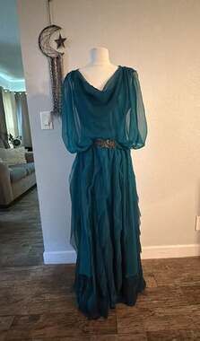 BLACK by Komarov Women's Teal Chiffon Blouson Tiered Maxi Gown /Embellished Wais